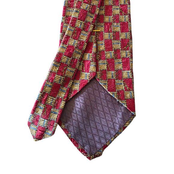 Fumagalli ITALY 100% Silk Tie Red Gold Geometric Check Sartorial Luxury - Picture 8 of 16
